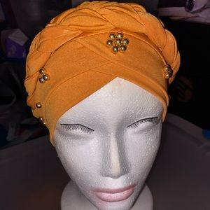 Mustard Yellow Braided Turban w/ Gold Beads